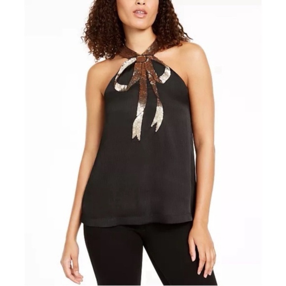 Trina Turk Sleeveless Sequin Bow Top Black Gold Party Cocktail Event